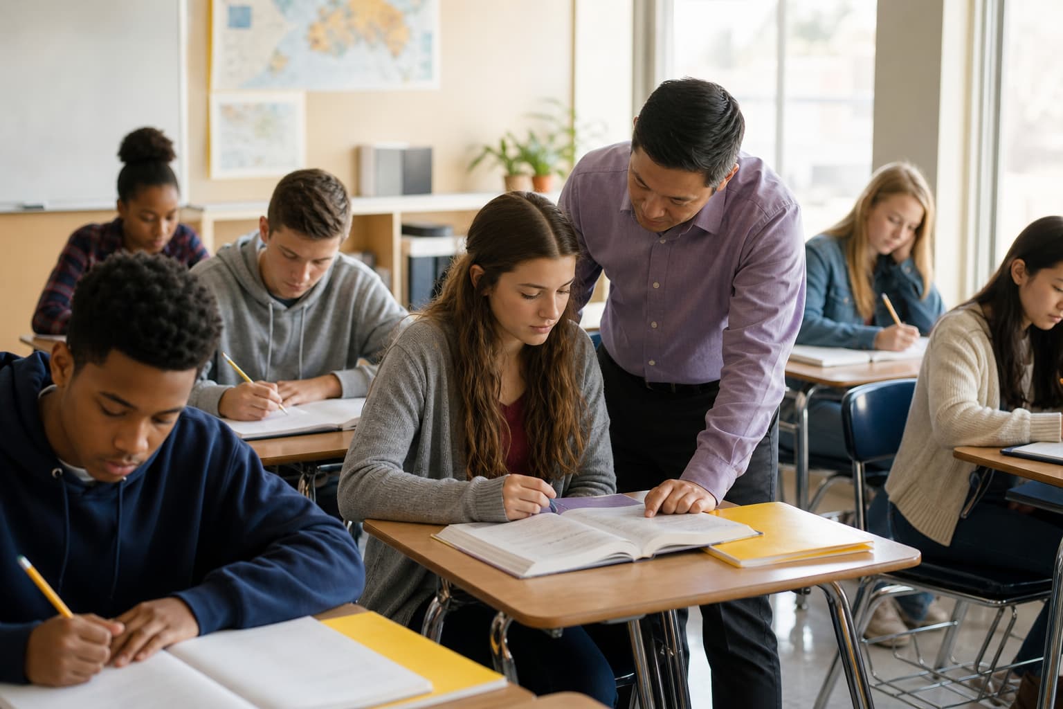 Students working on reading and mathematics in a classroom