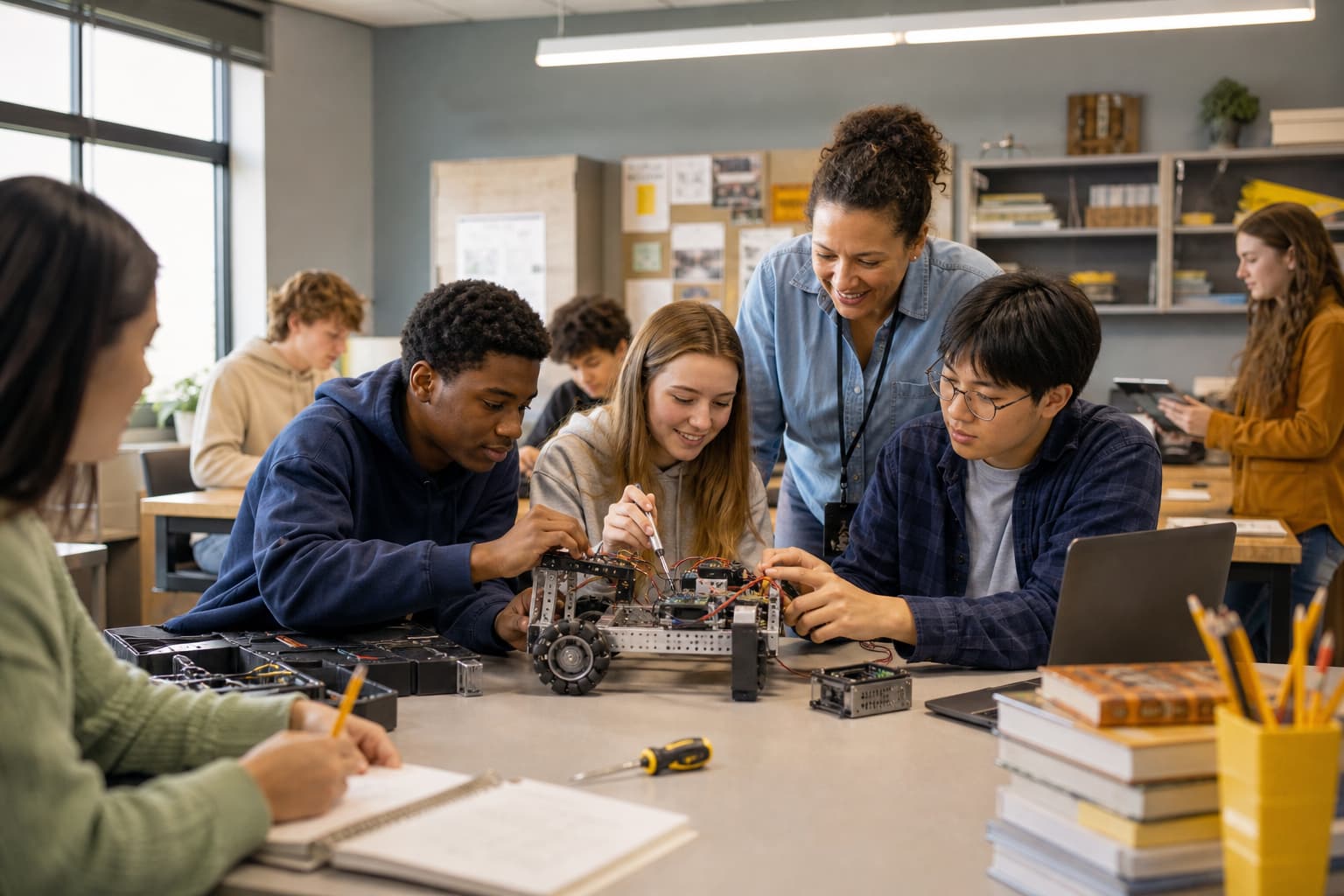 High school students learning in a career and technical education classroom