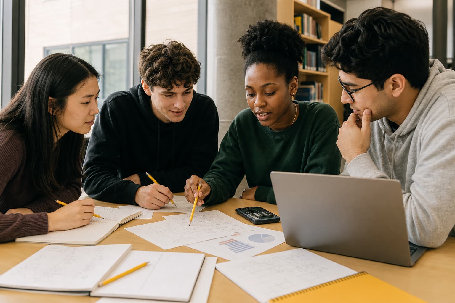 Students working together on mathematics and data analysis at a university table