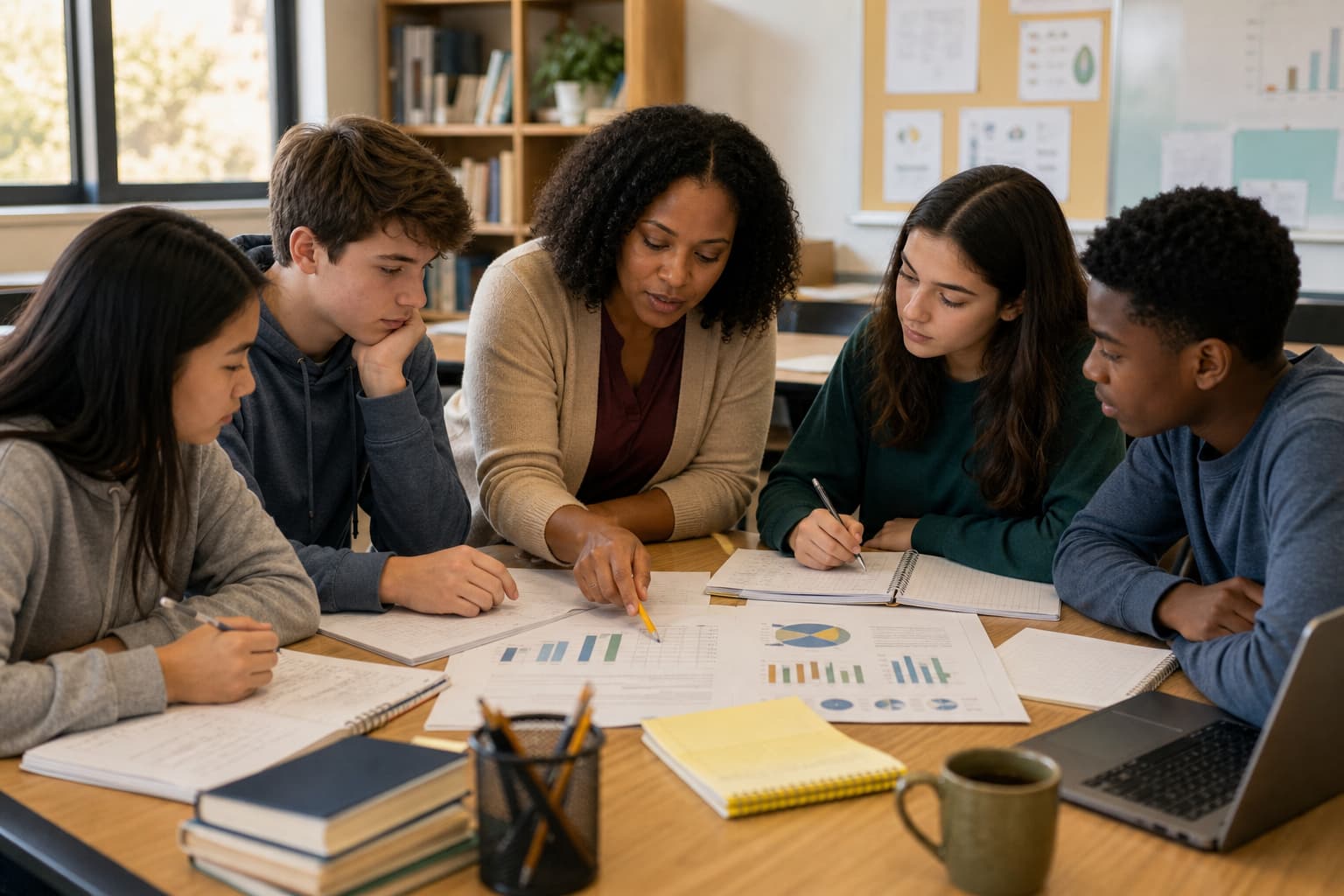 Teacher and students reviewing educational data and research materials in a classroom