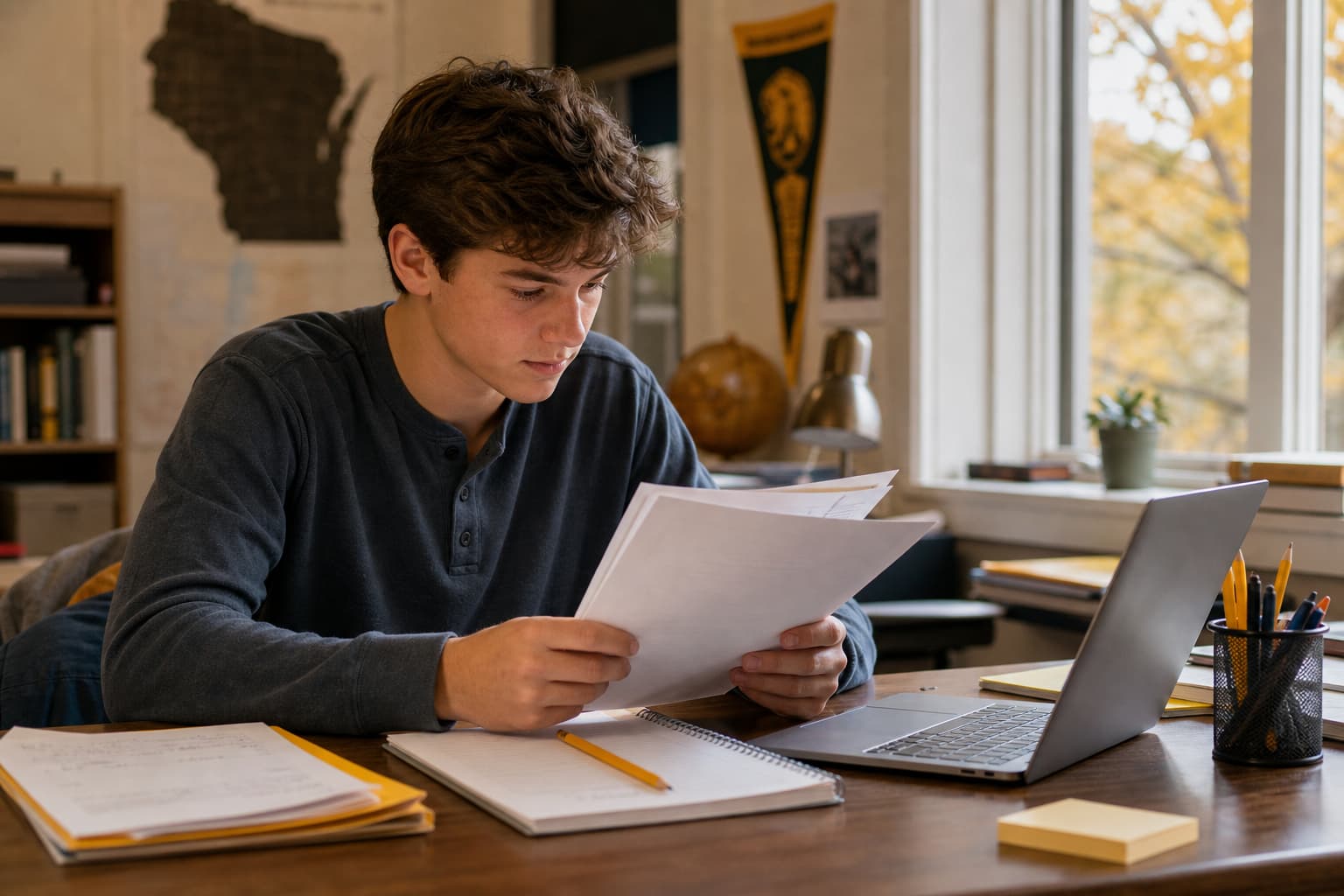 Student working at a desk with college application materials and a laptop