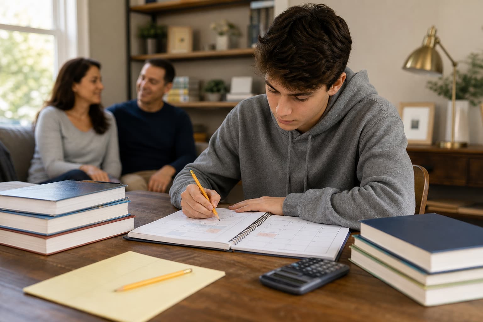 High school student organizing SAT and ACT preparation materials at a desk