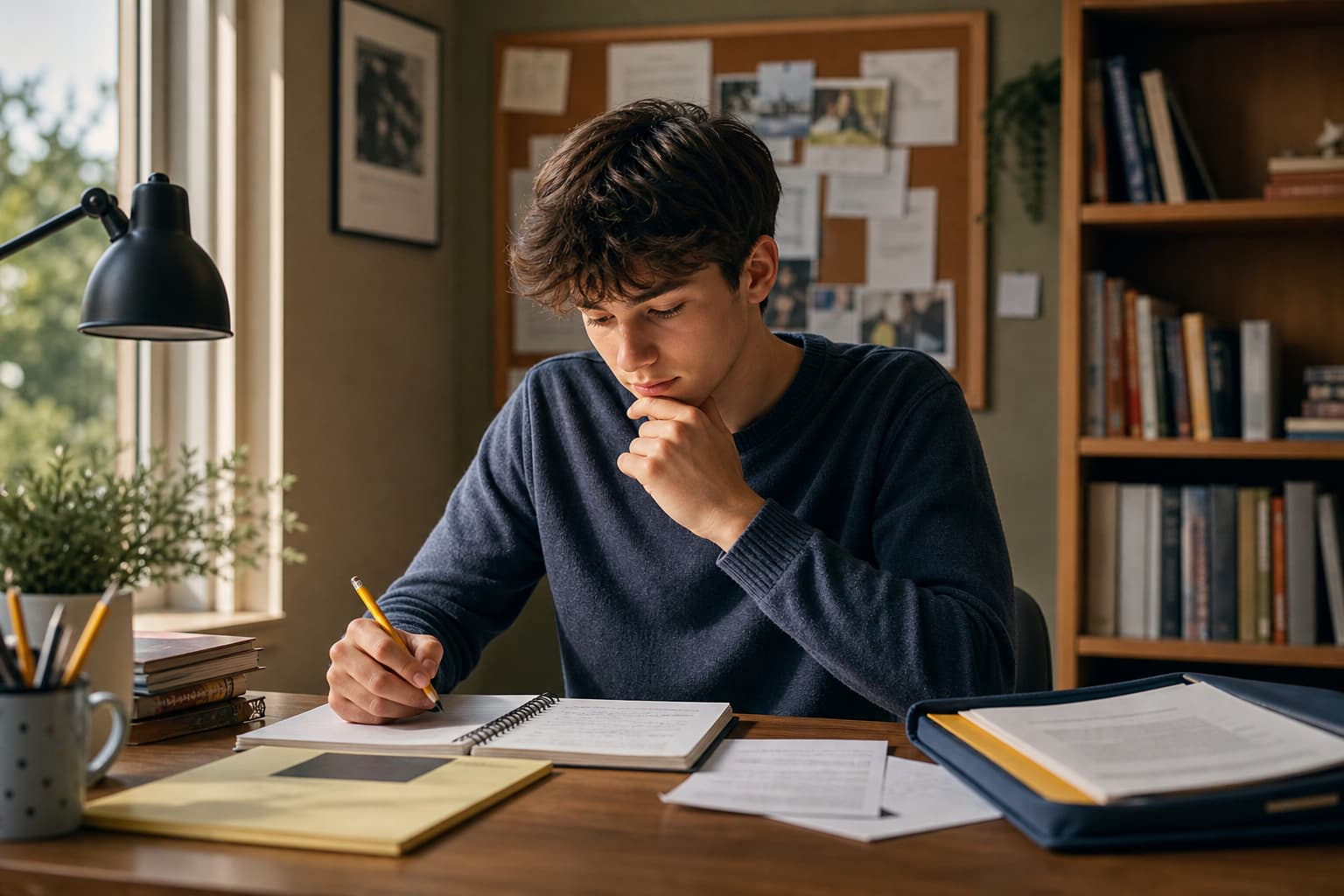 Student preparing for a college admissions interview at a desk