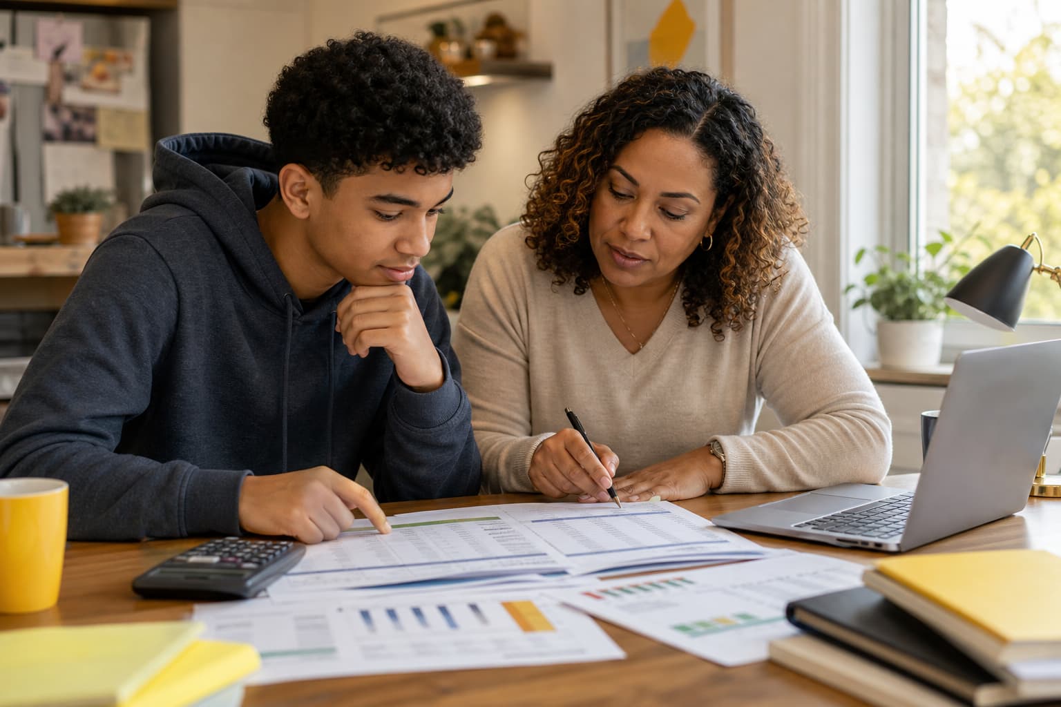 Parent and student comparing college financial aid offers and estimated costs at a kitchen table