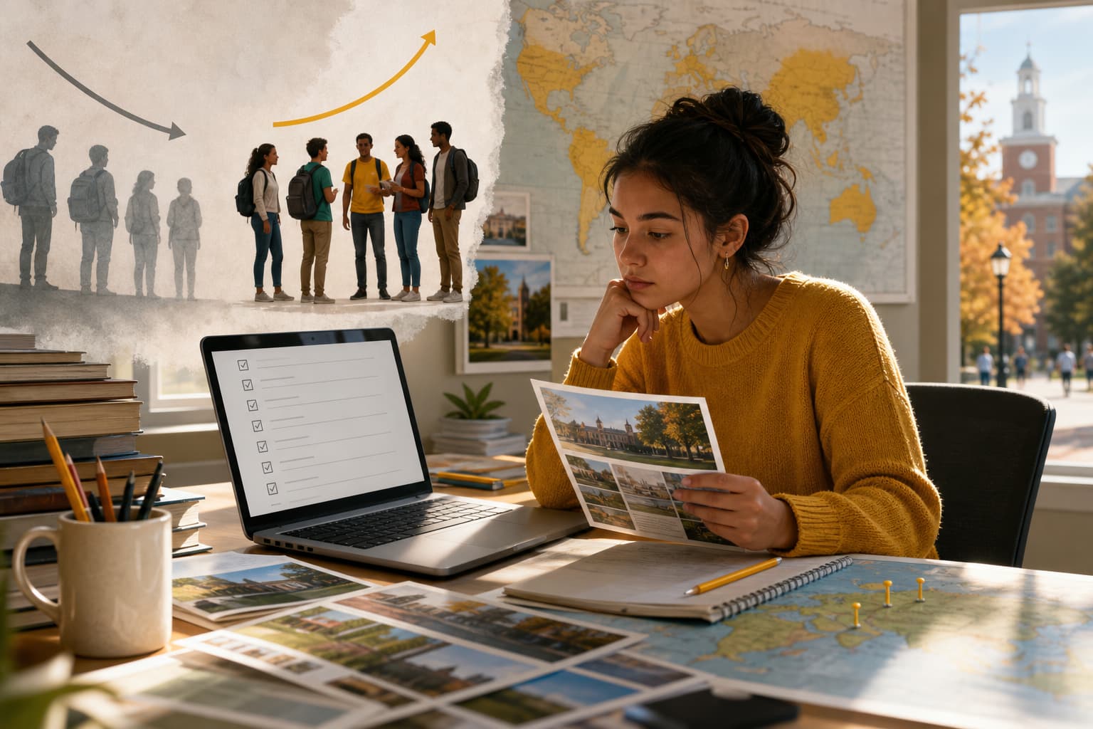 High school student reviewing college application materials at a desk with a world map and campus brochures nearby