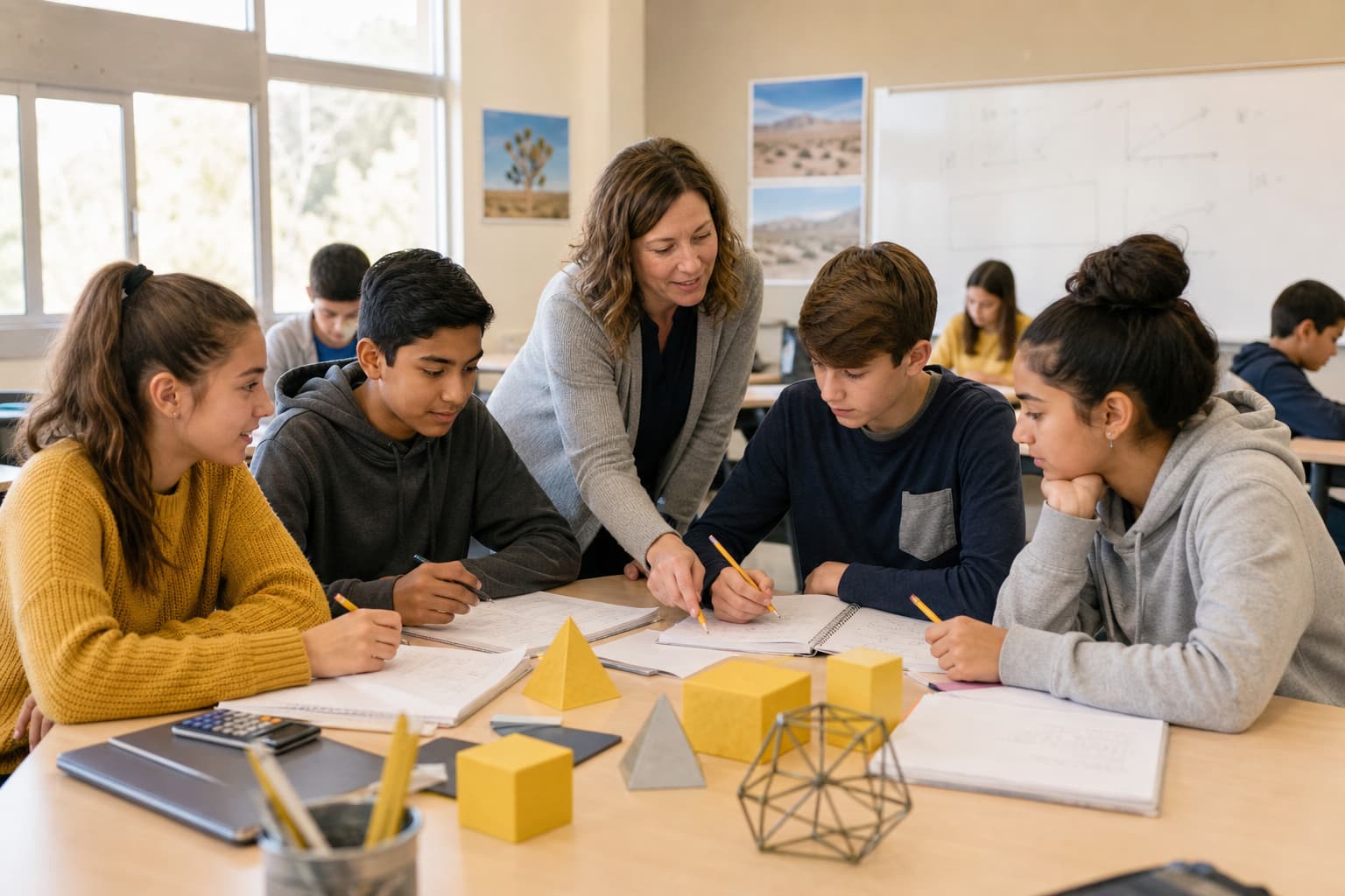 Students working on mathematics in a Nevada classroom while an educator provides guidance
