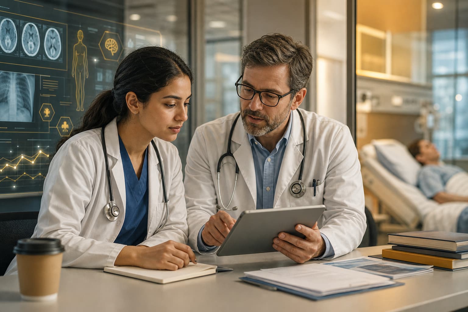 Medical student reviewing information with a physician while using a digital AI tool