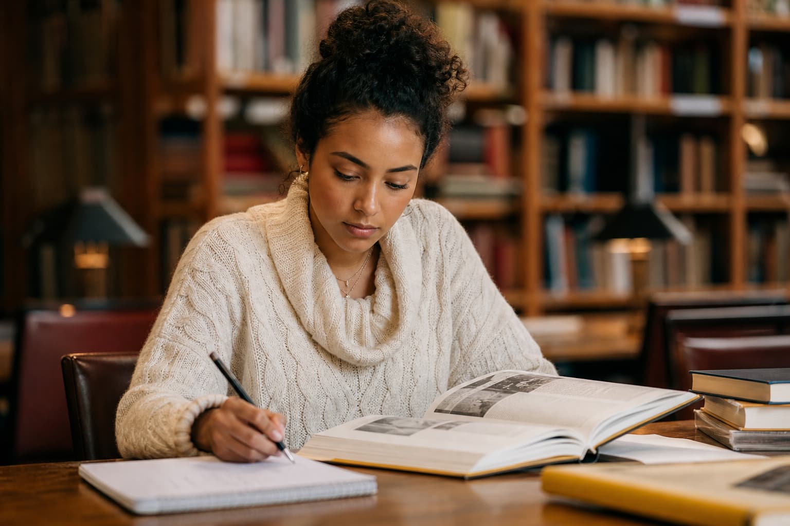 College student reading and taking notes in a humanities classroom