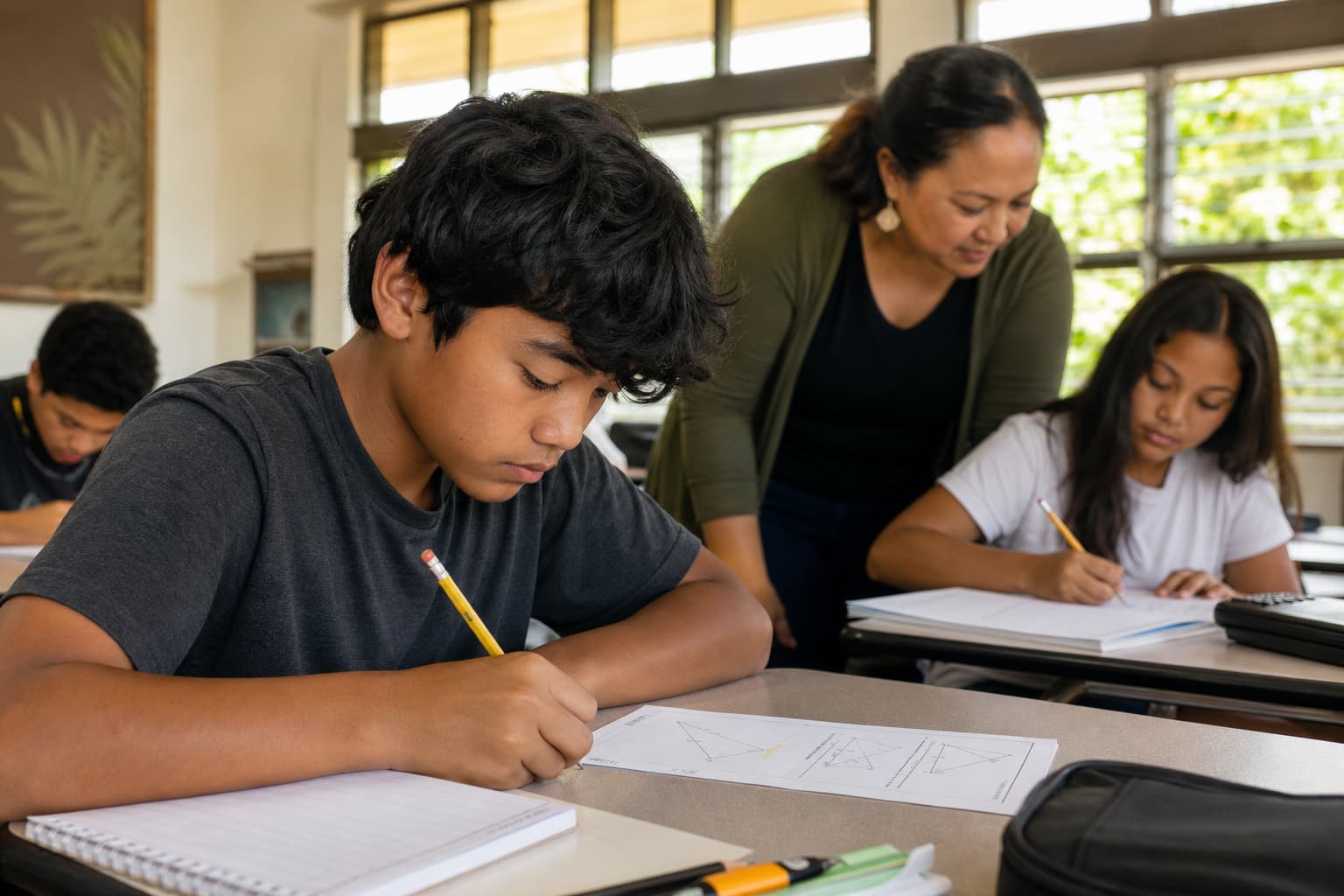 Student solving a geometry problem in a Hawaiʻi public school classroom