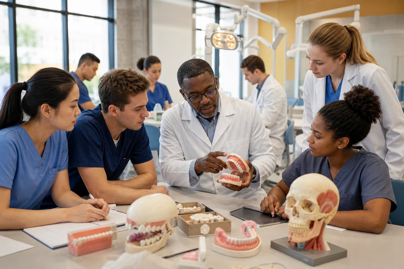 Dental students and health professionals collaborating in an academic medical setting
