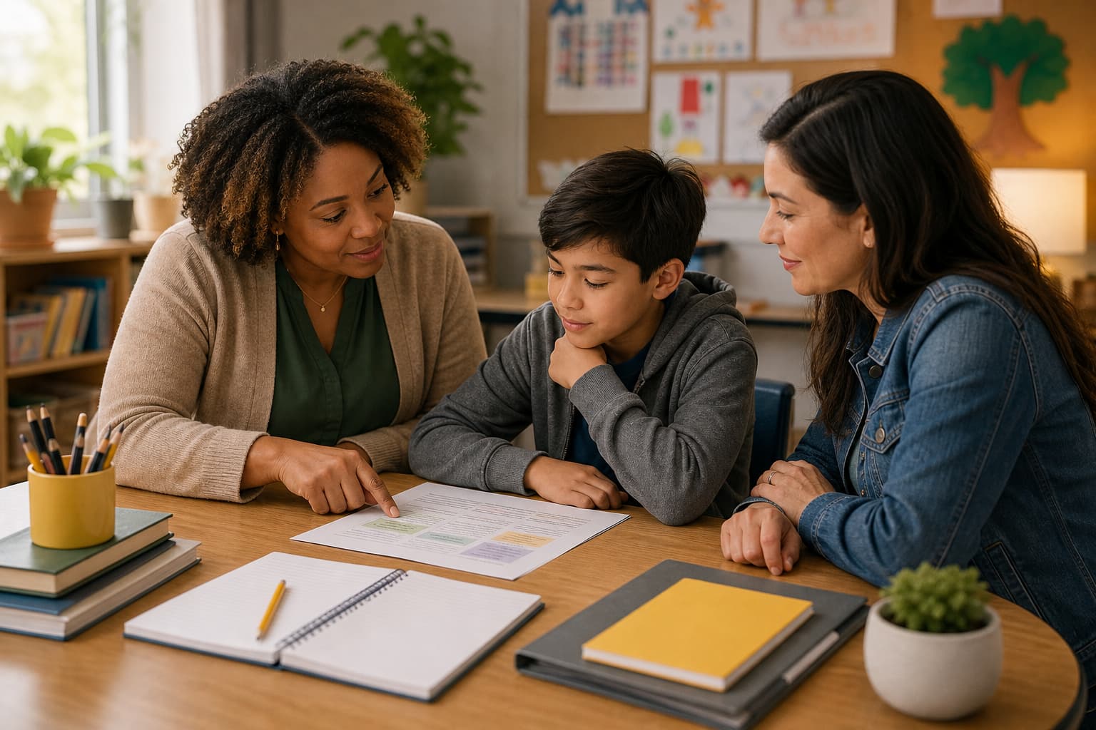 Teacher and family reviewing an individualized education placement plan for a student