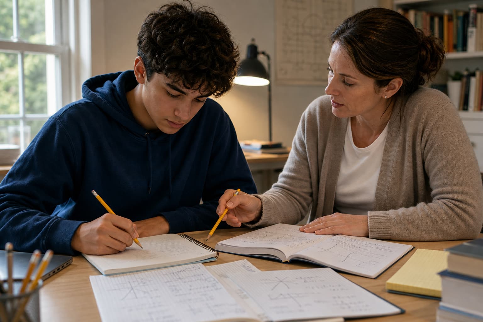 Student working through college-level mathematics problems with a tutor