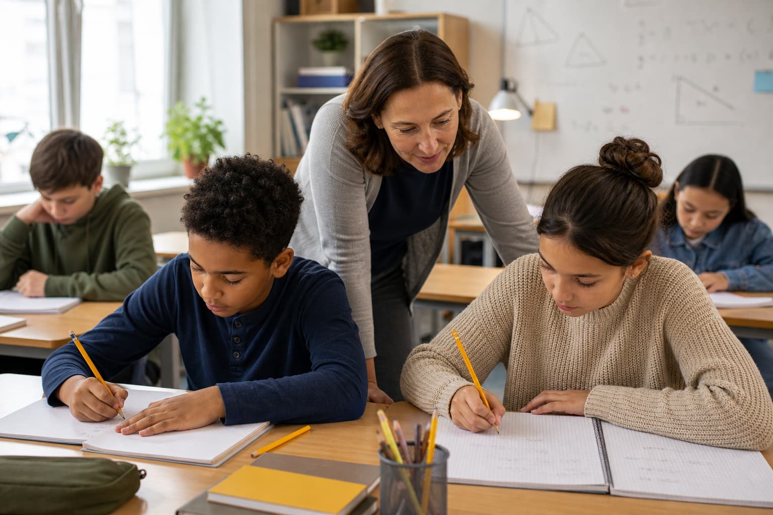 Students working on mathematics problems in a classroom