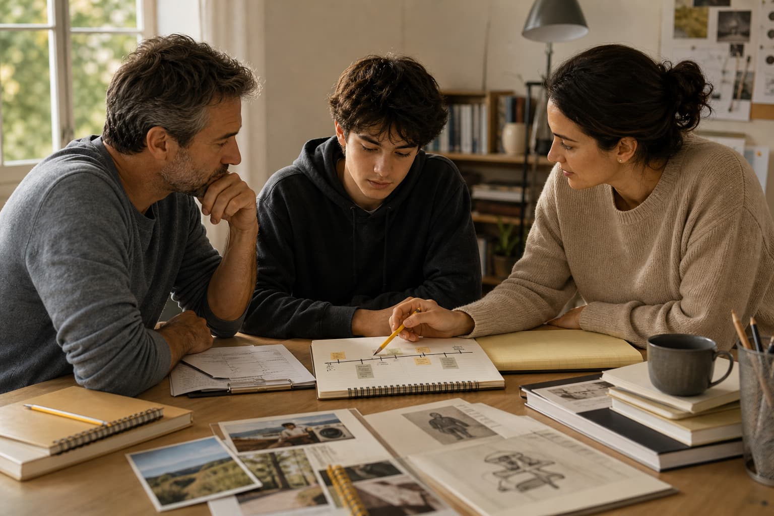 High school student reviewing college application plans with a parent and tutor at a desk