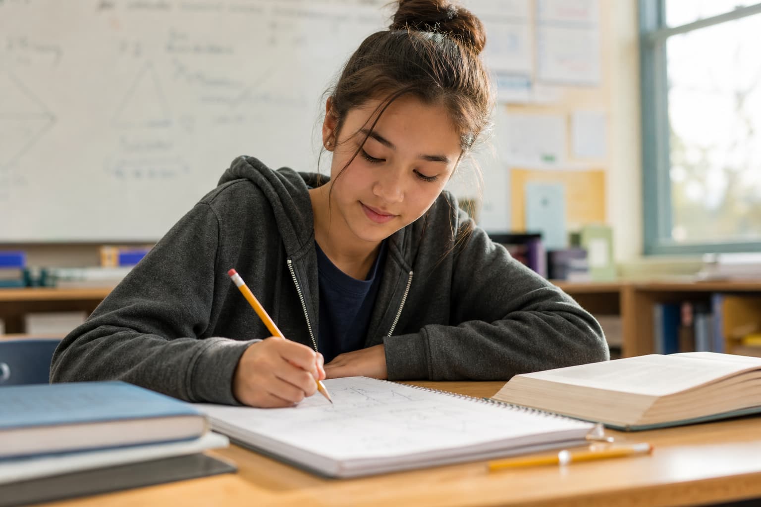 Student working through a math problem with a pencil and notebook beside reading materials