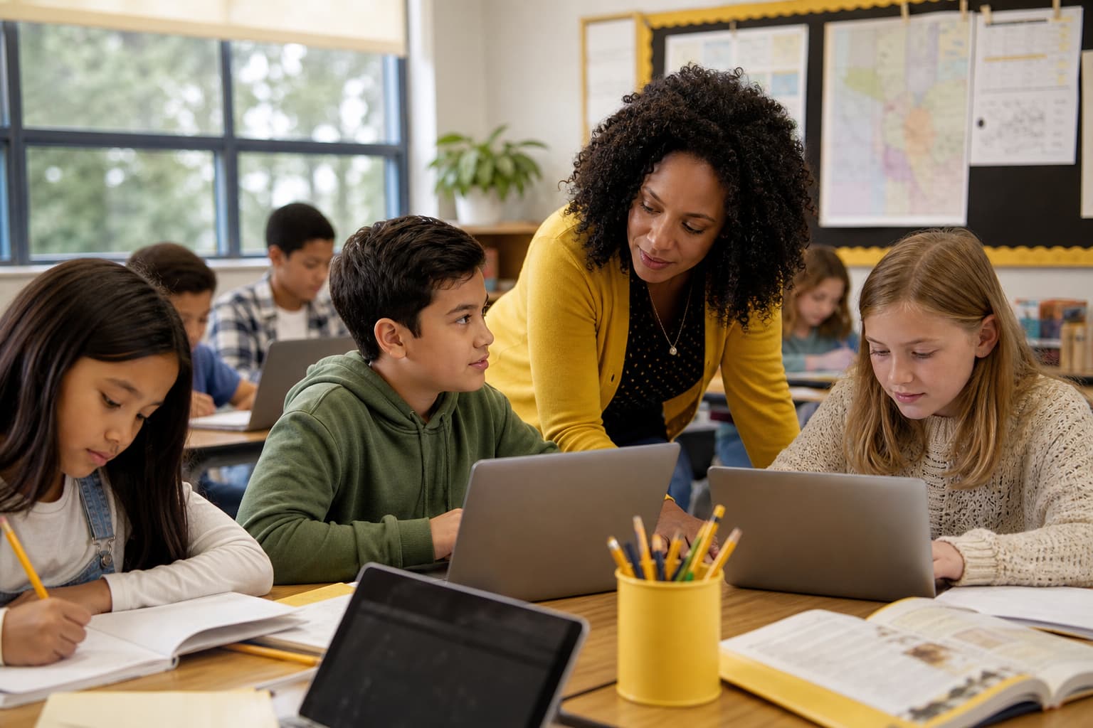 Teacher and students reviewing educational technology on classroom laptops
