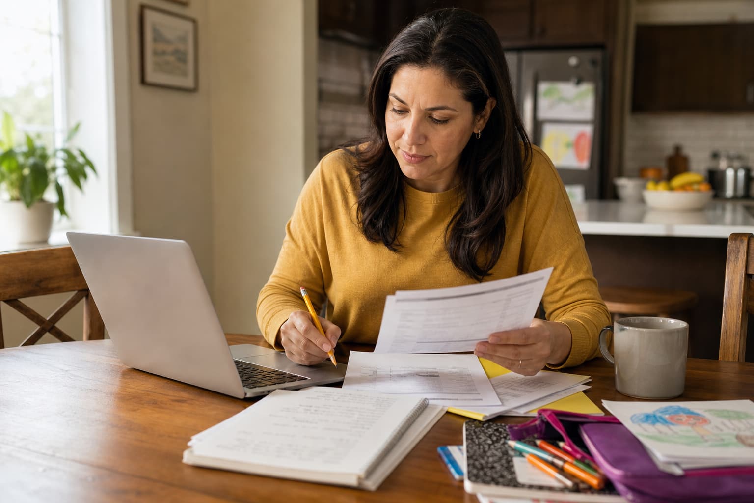 Adult student reviewing financial aid paperwork and planning for college with a notebook