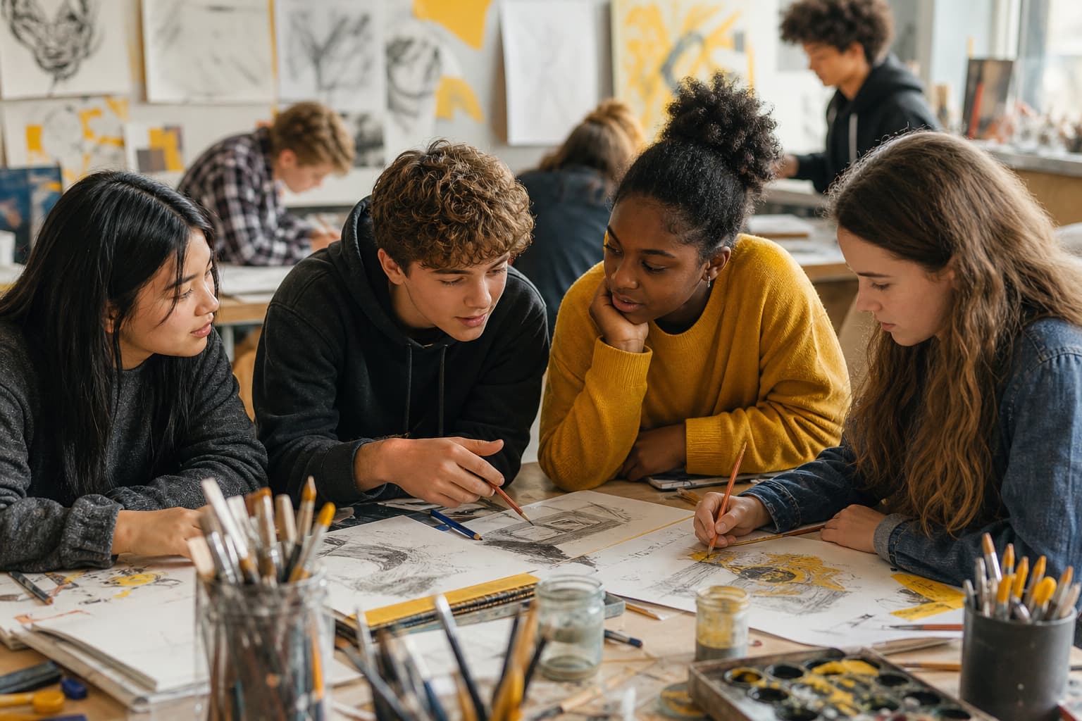 Students collaborating on a creative project in an art classroom