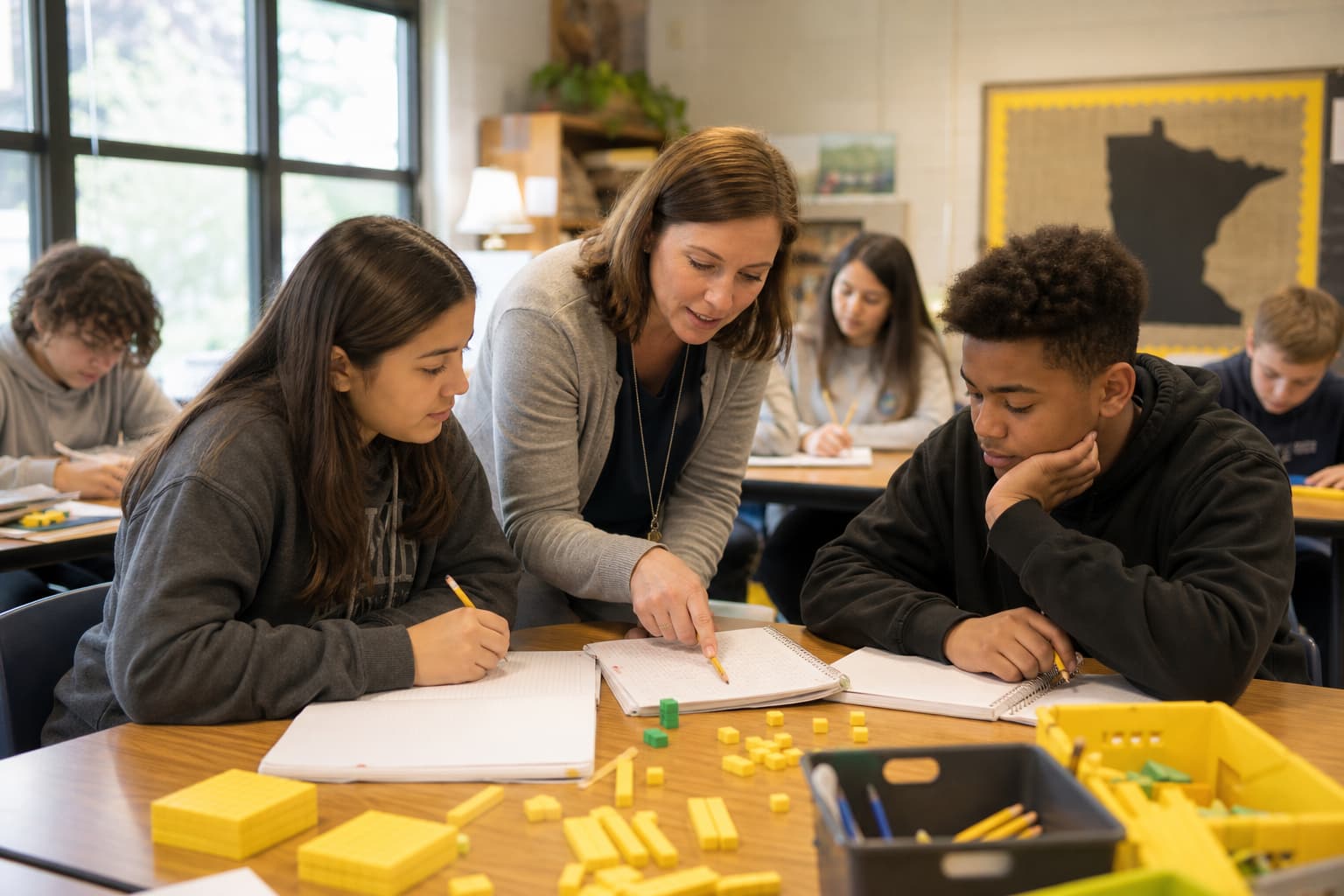 Teacher helping students work through a mathematics problem in a classroom