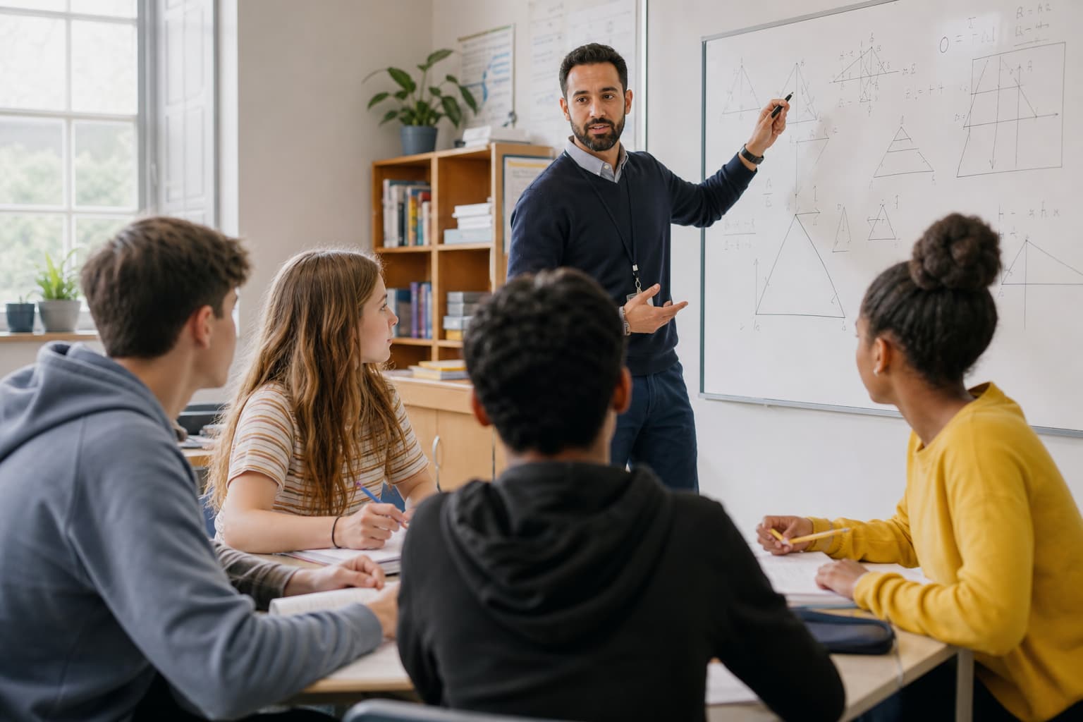 A mathematics teacher helping students solve problems in a classroom