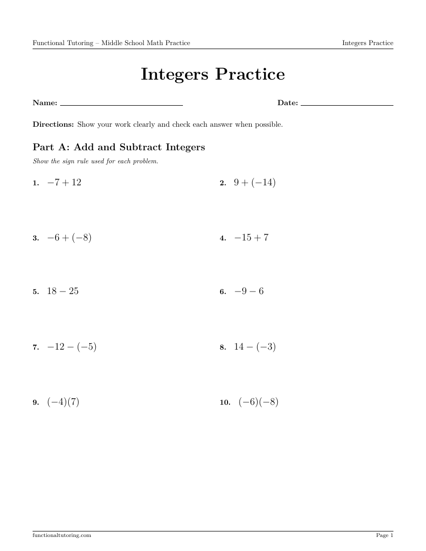 Free Integers Practice Worksheet — PDF + Answer Key | Functional Tutoring